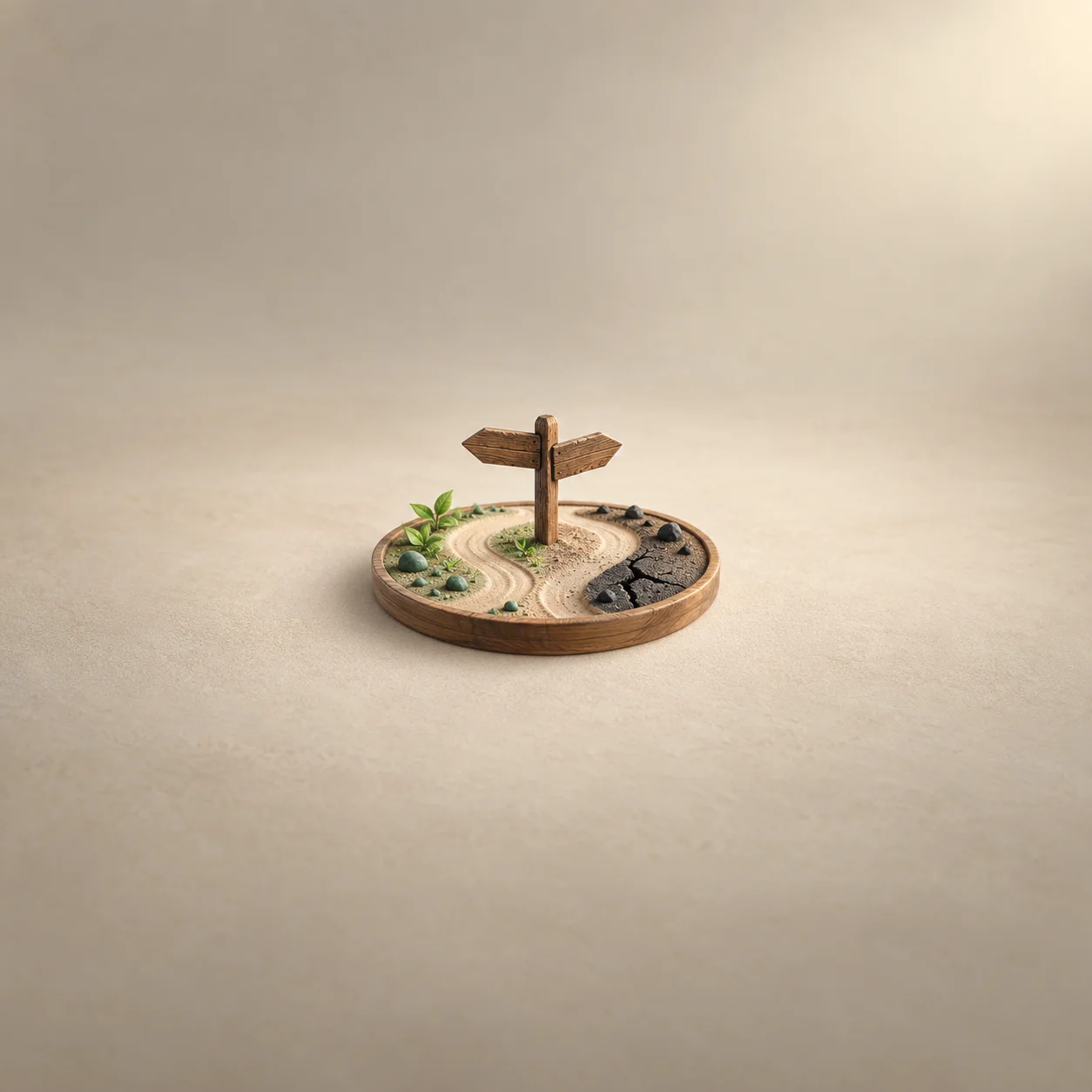 A wooden signpost on a round sandy tray with green plants on one side and dark cracked earth on the other.