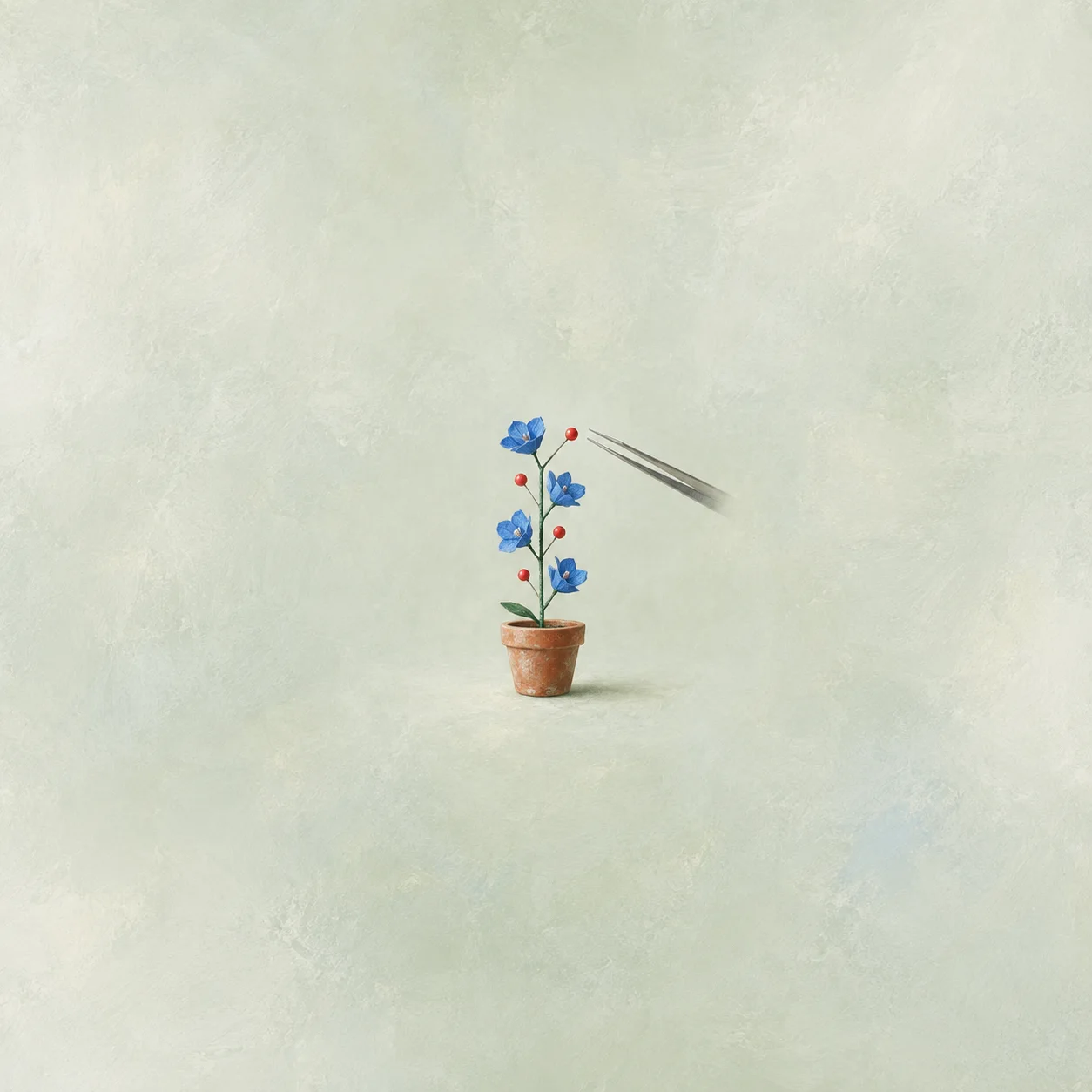 A thin stem with blue paper flowers and red thorns rises from a terracotta pot beside hovering tweezers.