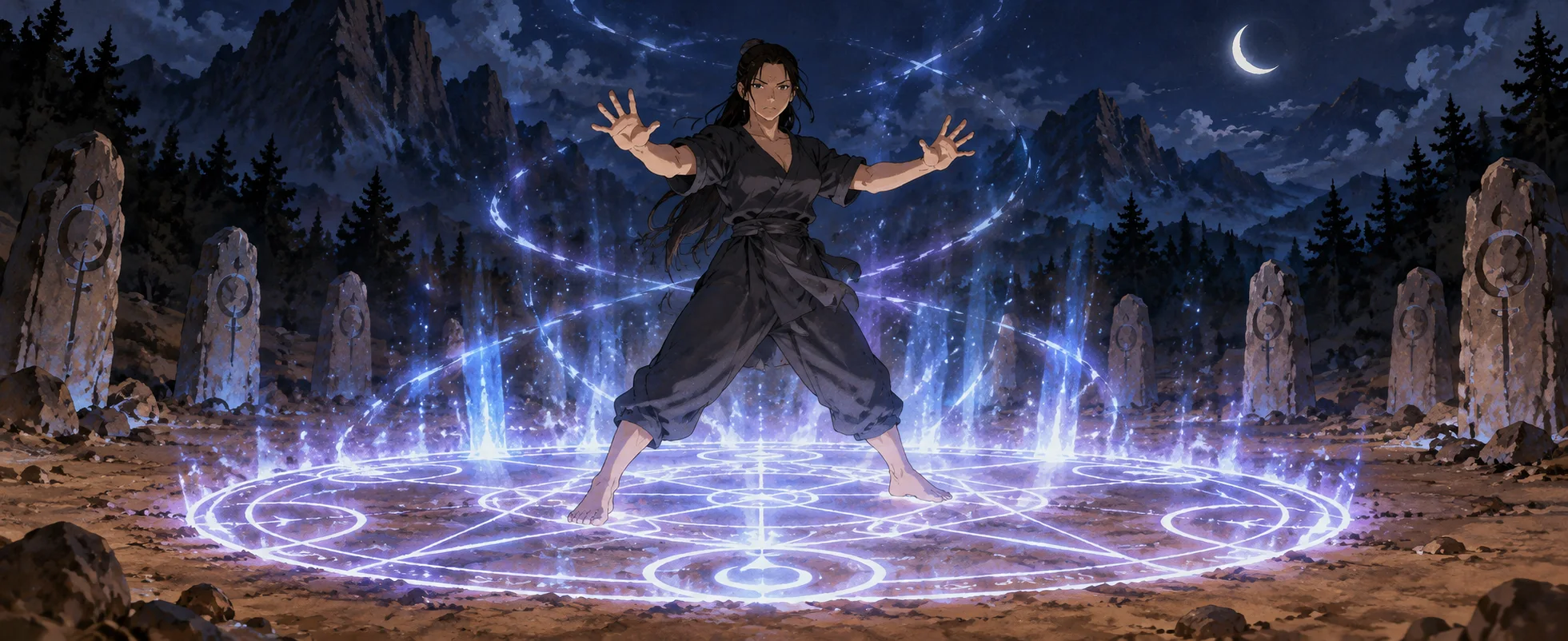 A woman in dark clothes stands in a blazing alchemy circle among standing stones at night.