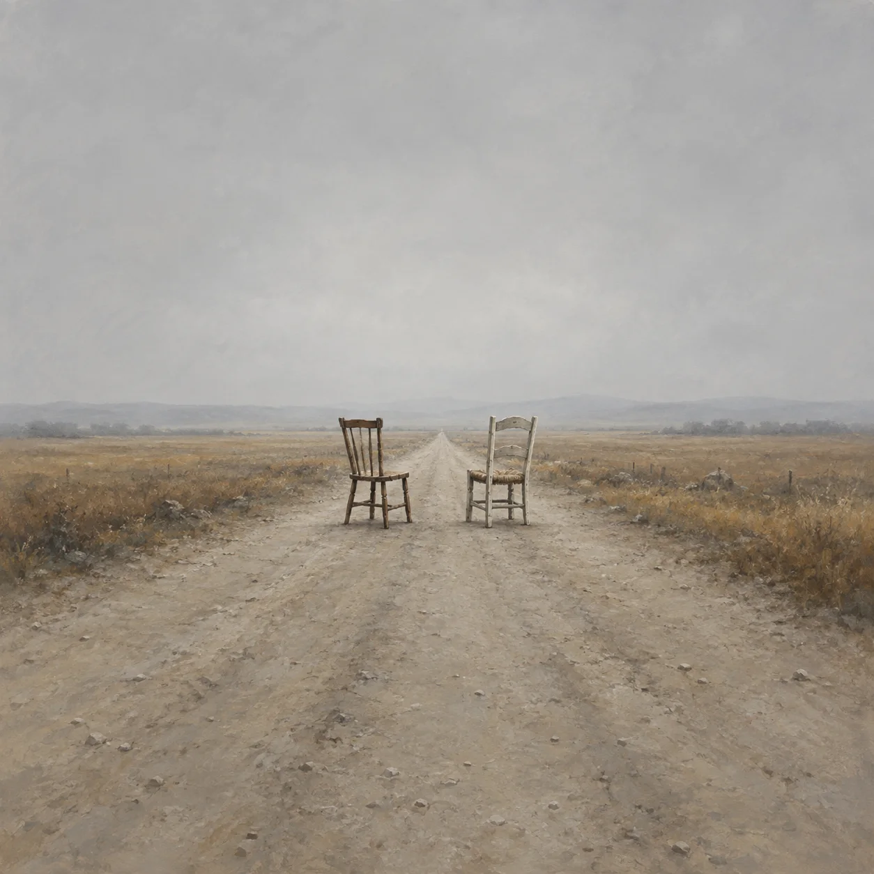 Painterly two mismatched empty wooden chairs on a bare country road beneath a grey sky.