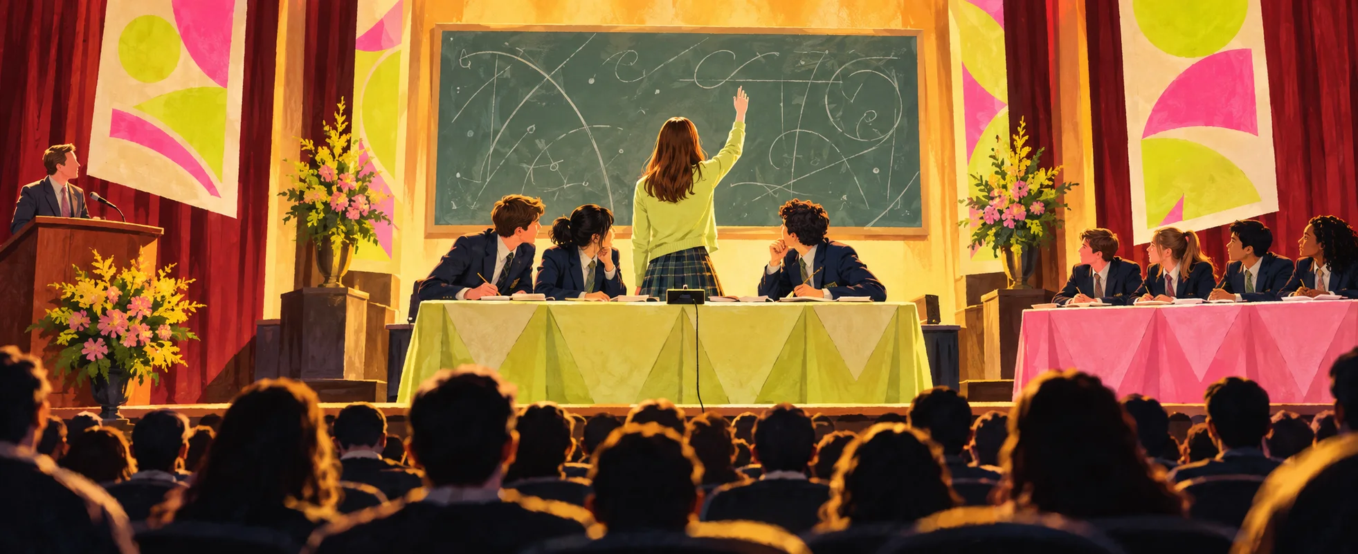 A girl at a competition table stands and points at a chalkboard of equations on a stage hung with bright banners, the audience watching.