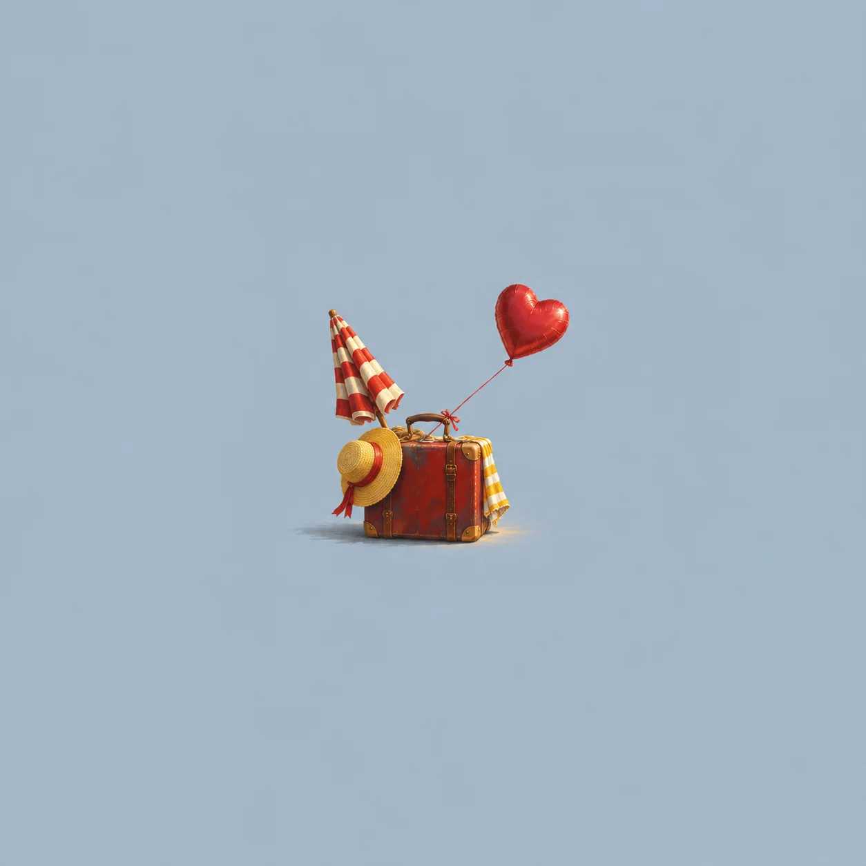 A small suitcase with a striped umbrella, sunhat and red heart balloon stands against a pale-blue background.