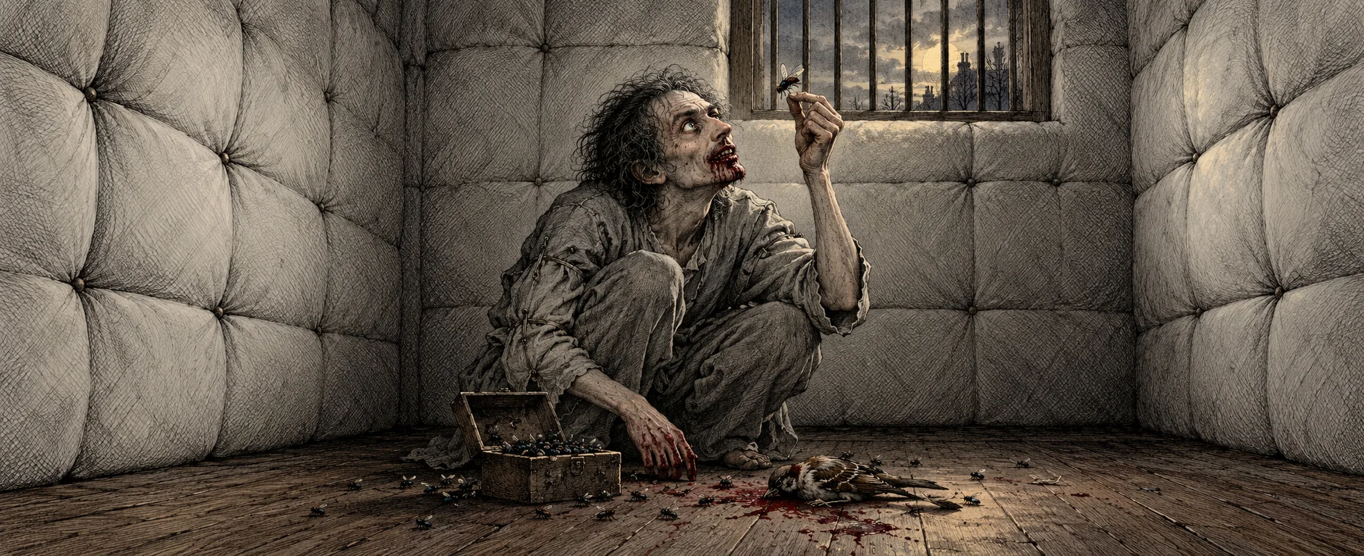 A wild-eyed patient crouches in a padded asylum cell beside a small box and scattered flies, a barred window high above.