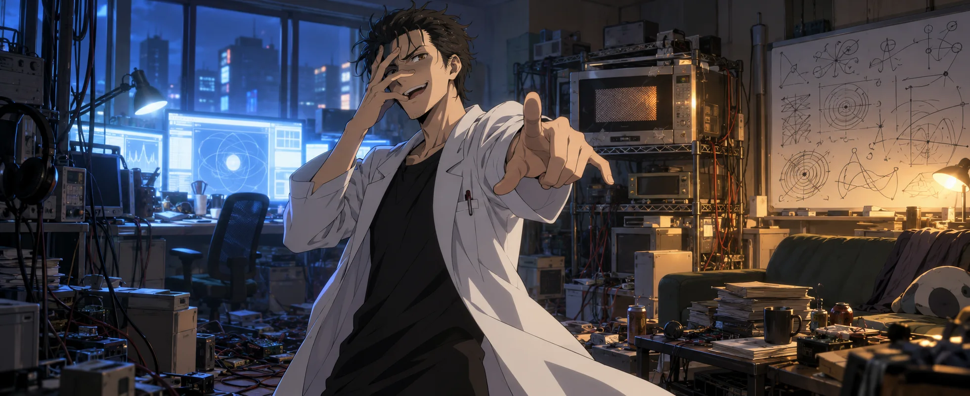 Anime illustration: a young man in a white lab coat strikes a theatrical pose in a cluttered electronics lab, one hand over his face, the other pointing straight at us, screens glowing behind him.
