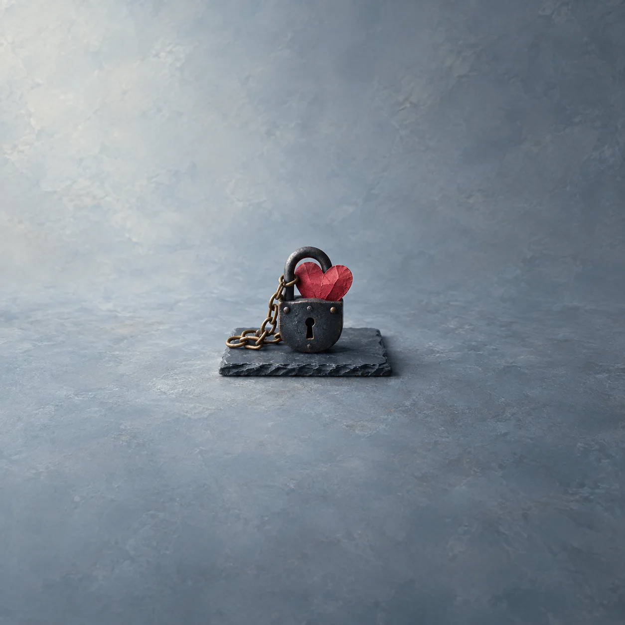 A red paper heart sits in the loop of a dark iron padlock beside a brass chain on a slate tile.