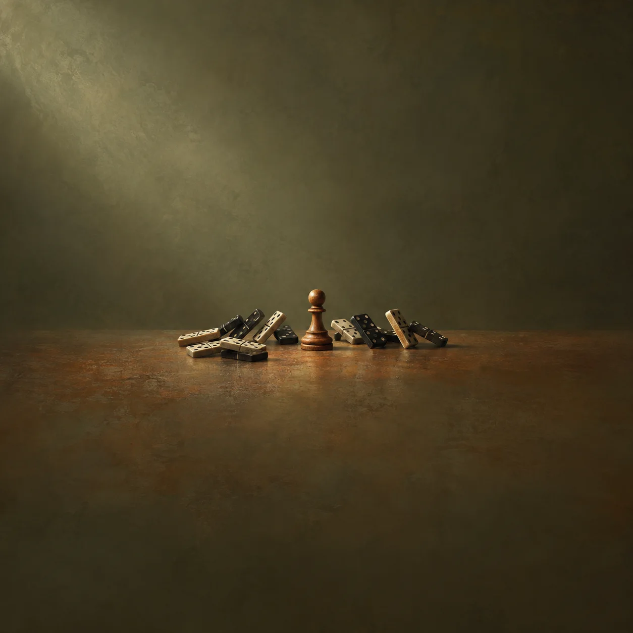 A single wooden chess pawn stands among fallen dominoes on a brown tabletop against an olive background.