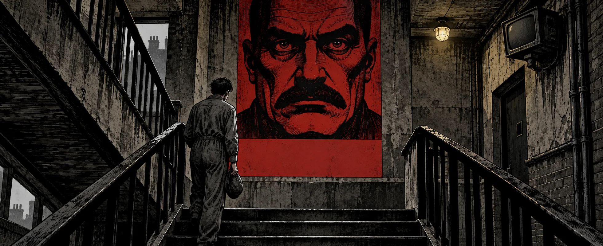 A thin man in grey overalls climbs the stairs of a grim tenement past a huge red poster of a moustached face.
