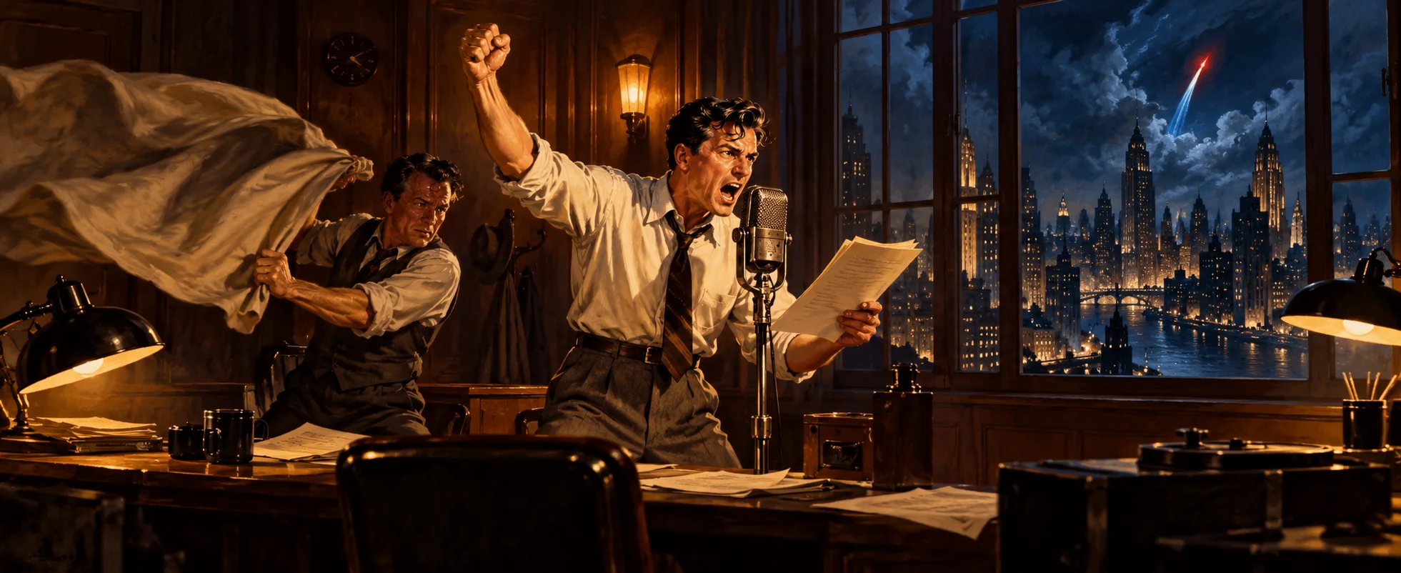 In a 1940s radio studio, an actor shouts into a ribbon microphone with a fist raised as a sound-effects man flaps a sheet, a streak of light shooting over the city outside.