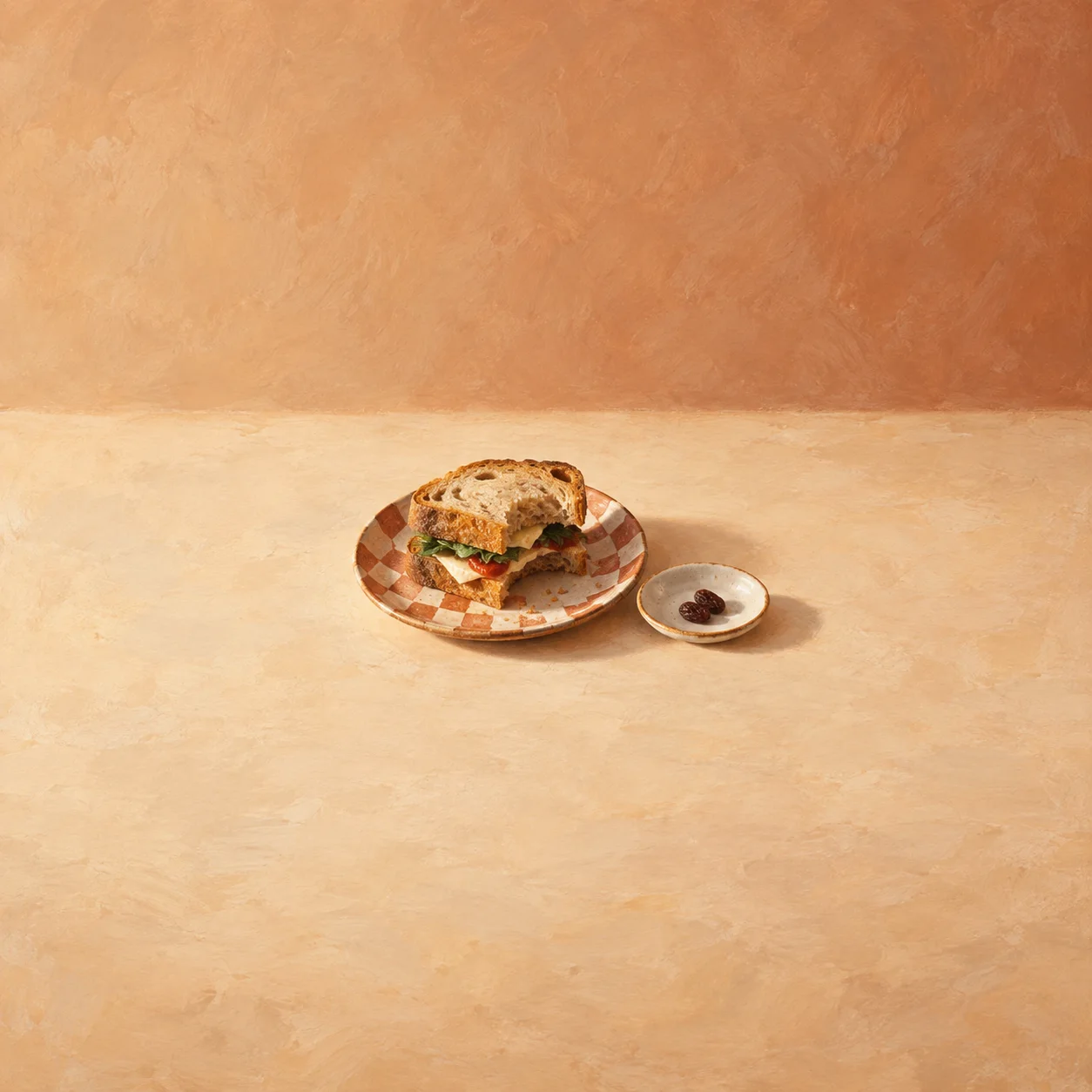 Painterly sandwich on a checked plate beside a small saucer holding dried fruit.