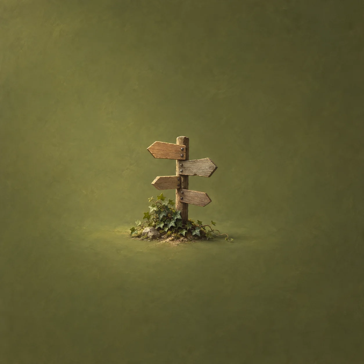 Painterly wooden signpost with mismatched arrows and ivy around its base.
