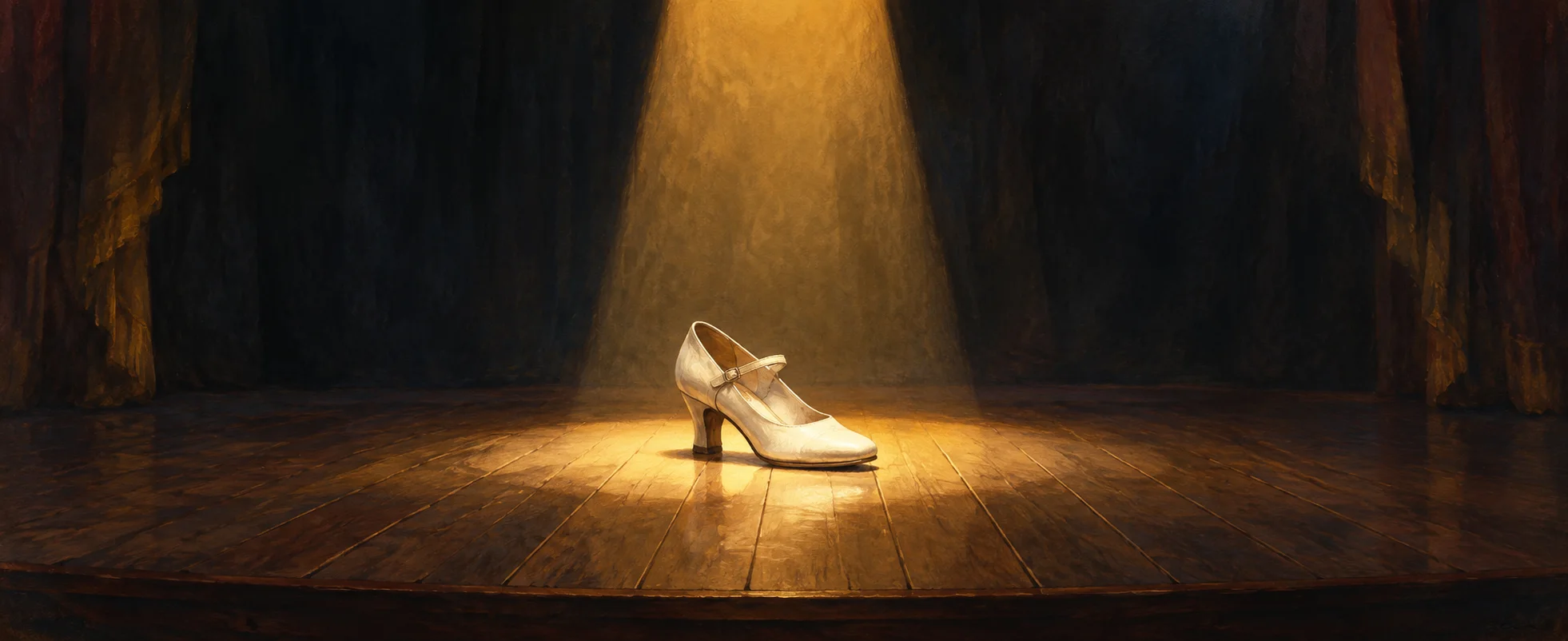 A plain cream dance shoe stands in a narrow amber spotlight on an empty wooden stage.