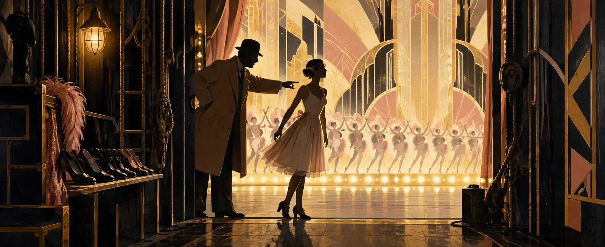 In the wings of an art-deco theatre, a director in an overcoat points a young chorus girl toward the glittering stage and footlights.