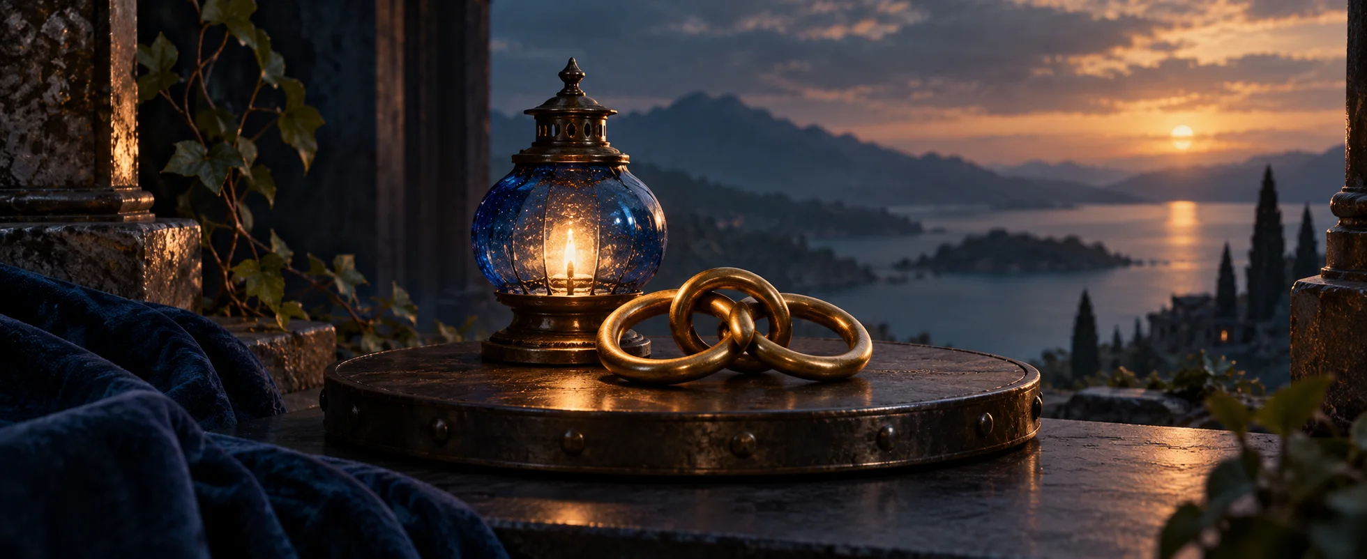 Three plain brass links rest beside a small blue lamp on a dark metal platform.