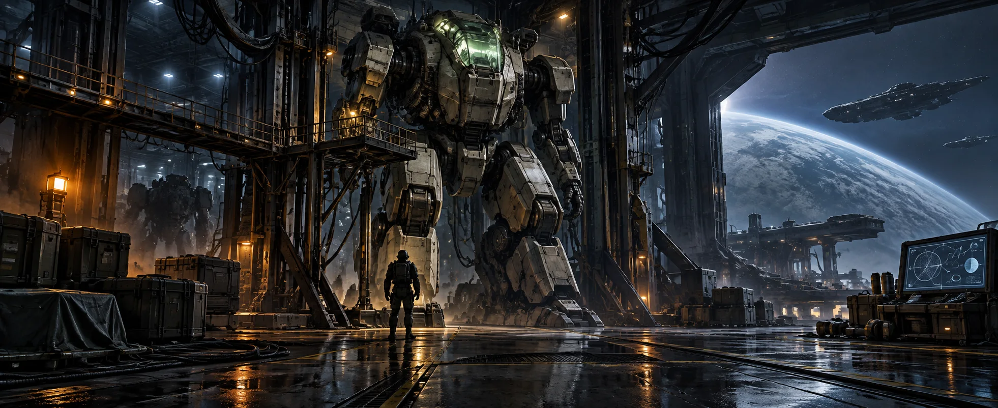 A pilot stands small beside a towering battle mech in a dark hangar aboard a starship, a planet beyond the bay doors.