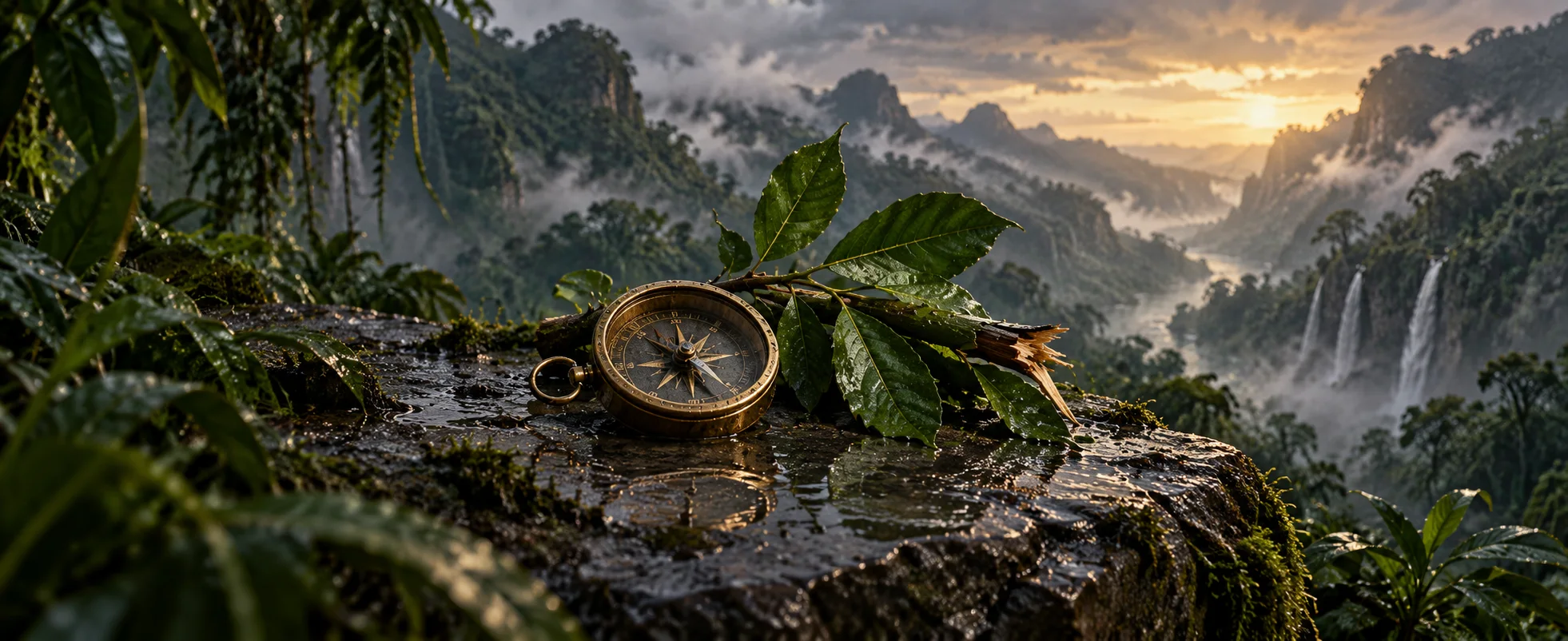 A small brass compass rests beside a broken green branch on a rain-wet jungle ledge.
