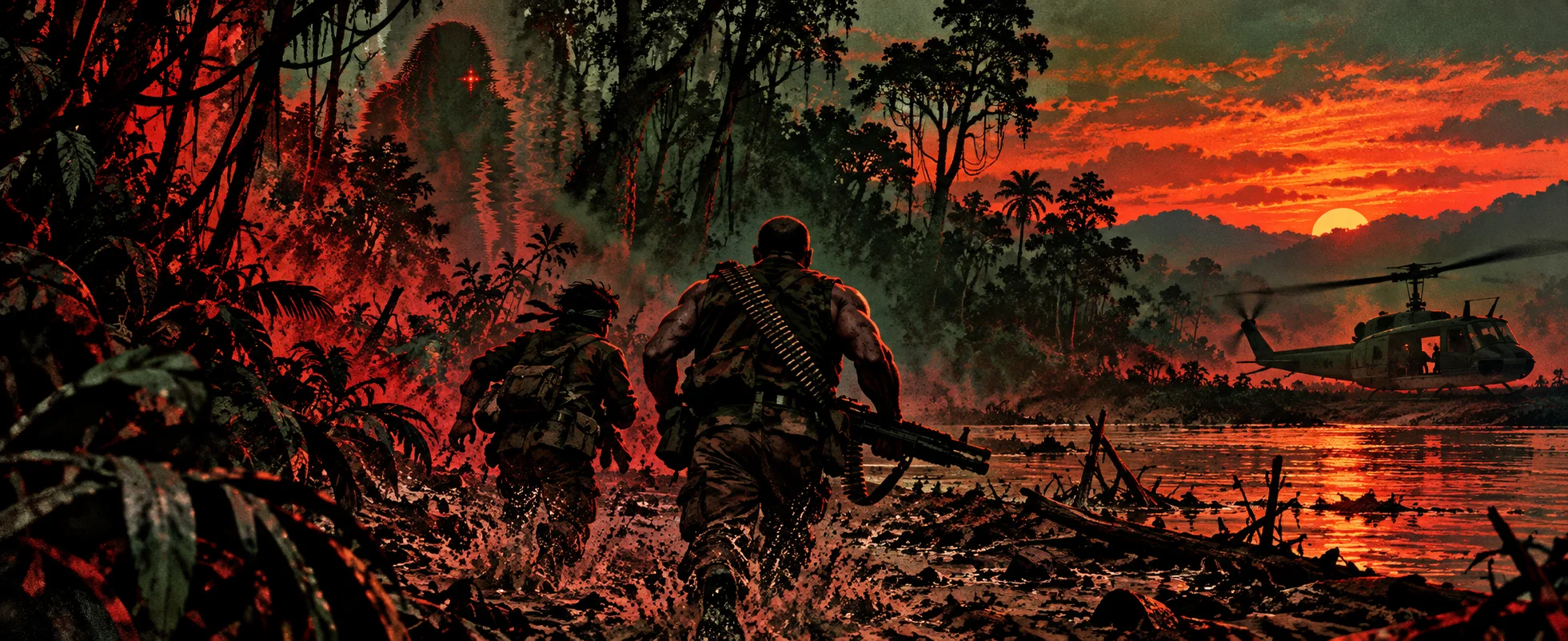 A broad soldier seen from behind waves a woman toward an extraction helicopter waiting across a smoking jungle river clearing at dusk.