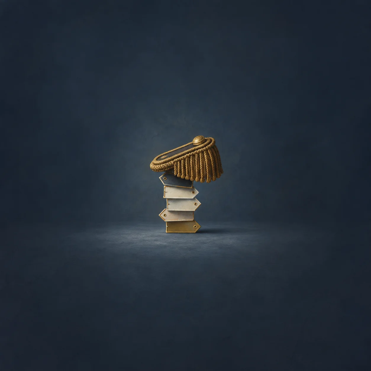 A fringed gold epaulet rests above a stack of blank arrow-shaped tags against dark navy.