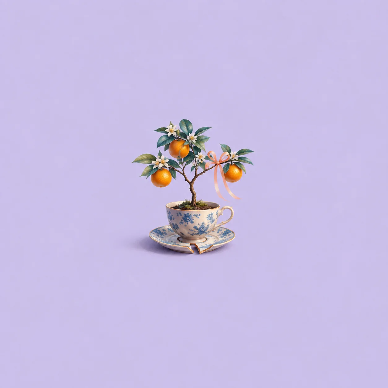 A small orange tree with fruit and blossom grows from a blue-and-white teacup on a cracked saucer.