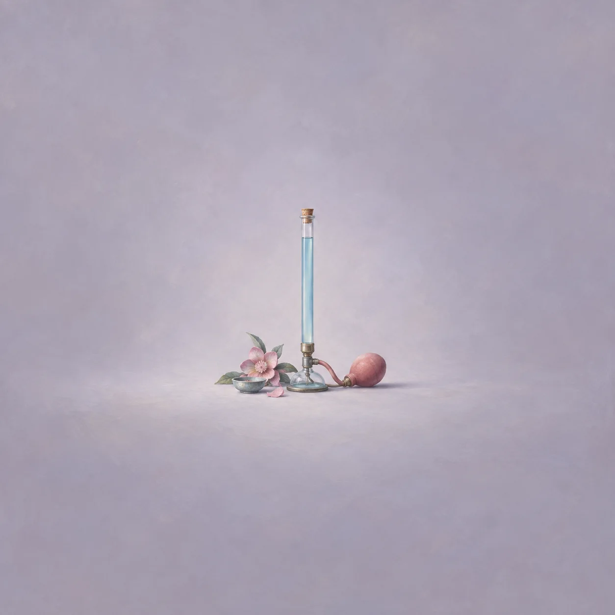 A tall corked glass tube of blue liquid stands beside a pink rubber bulb and pale flowers.