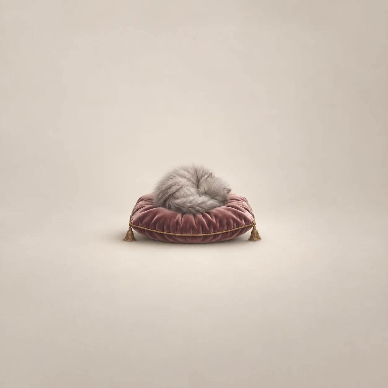 Painterly curled grey fur resting on a round burgundy cushion with gold trim.