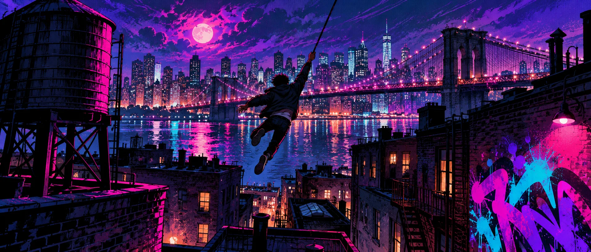A teenager leaps from a graffitied Brooklyn rooftop towards the bridge in a neon-pink night sky.