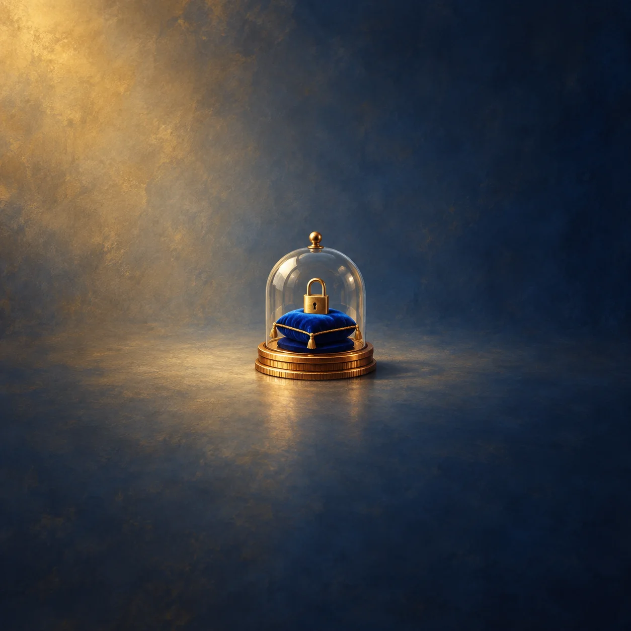 A small brass padlock rests on a blue velvet cushion beneath a glass dome on a round metal base.