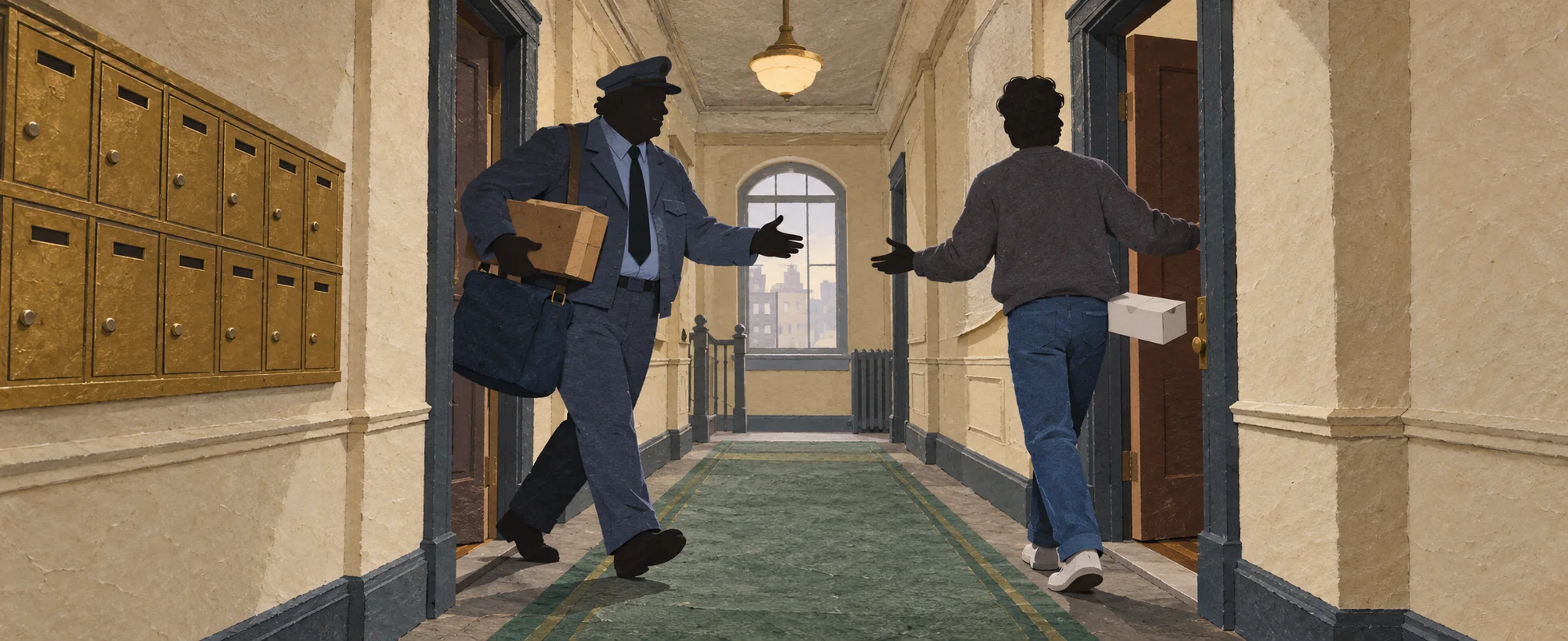 Illustration of a pre-war apartment hallway with brass mailboxes, where a heavy-set mail carrier in a blue uniform and a man in jeans carrying a cake box pass each other with stiff, cold gestures.