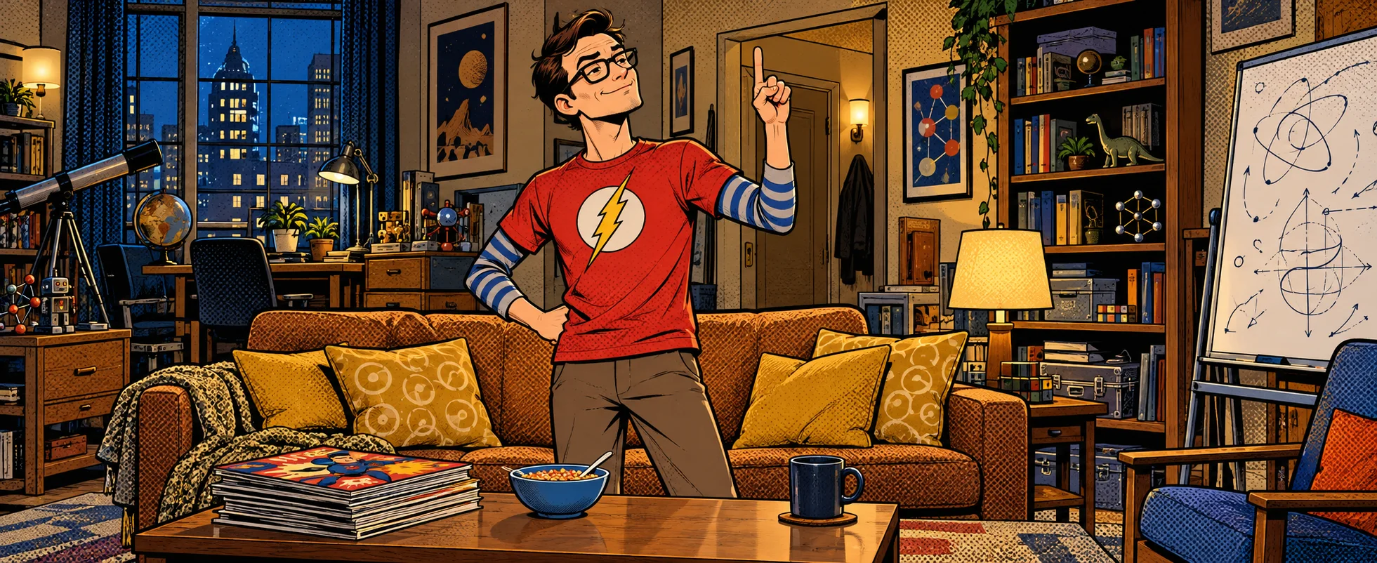 A lanky young man in a lightning-bolt T-shirt over a striped long-sleeved shirt points a finger in the air with a smug grin in a cosy apartment full of comics.
