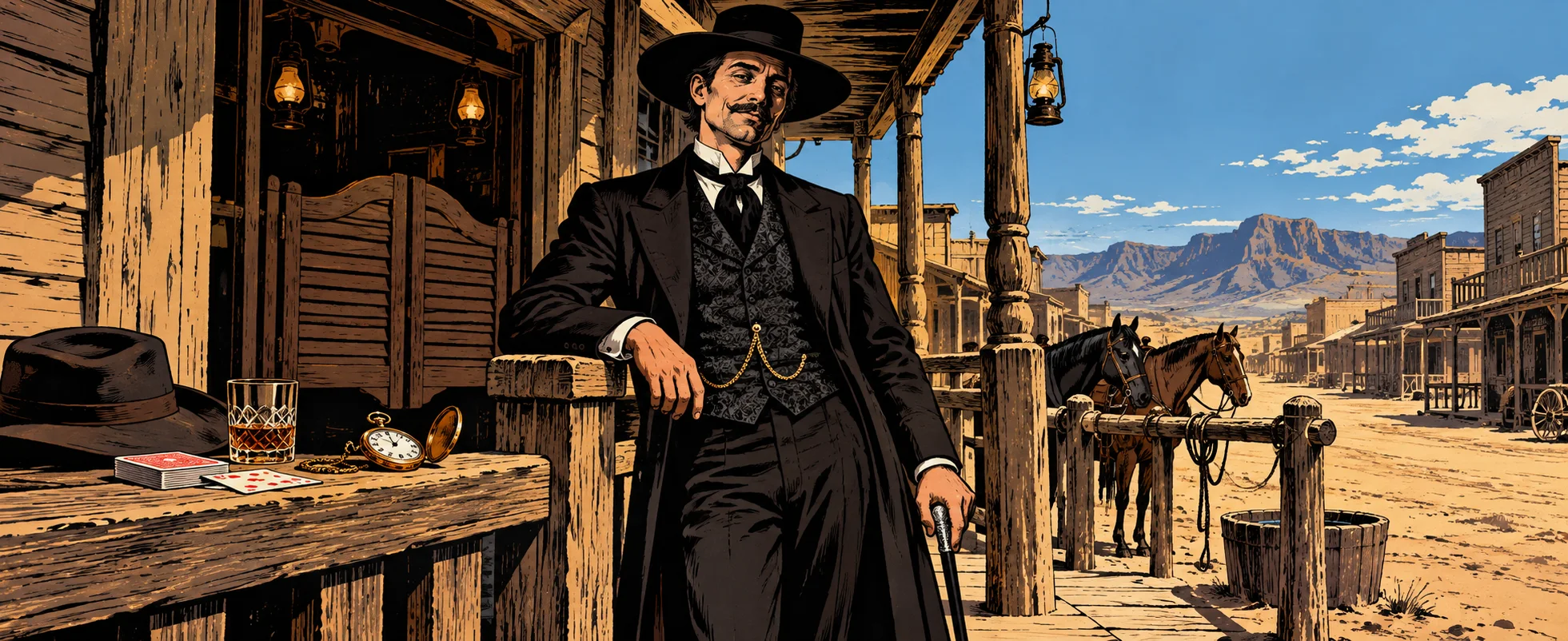 A gambler in a black frock coat and hat leans on a saloon rail in a dusty Arizona street.