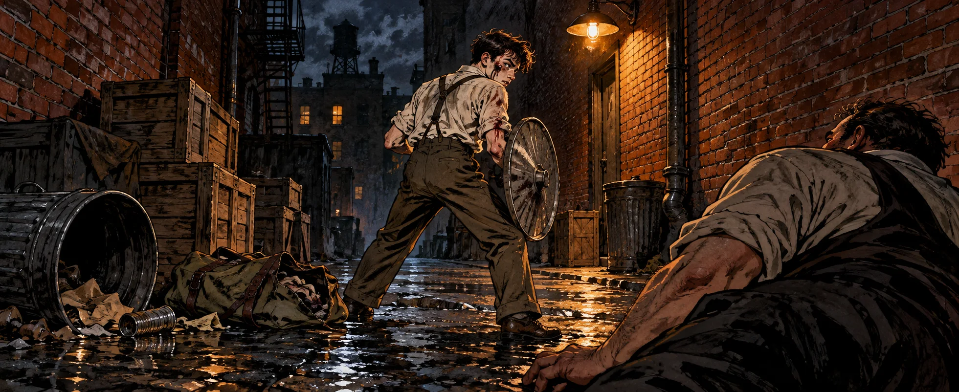 A scrawny young man in braces, bloodied but standing, raises a dented bin lid like a shield in a wet Brooklyn alley as a bully sprawls in the foreground.