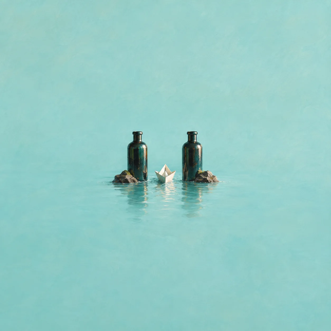 A paper boat passing between two dark glass bottles on a pale turquoise surface.