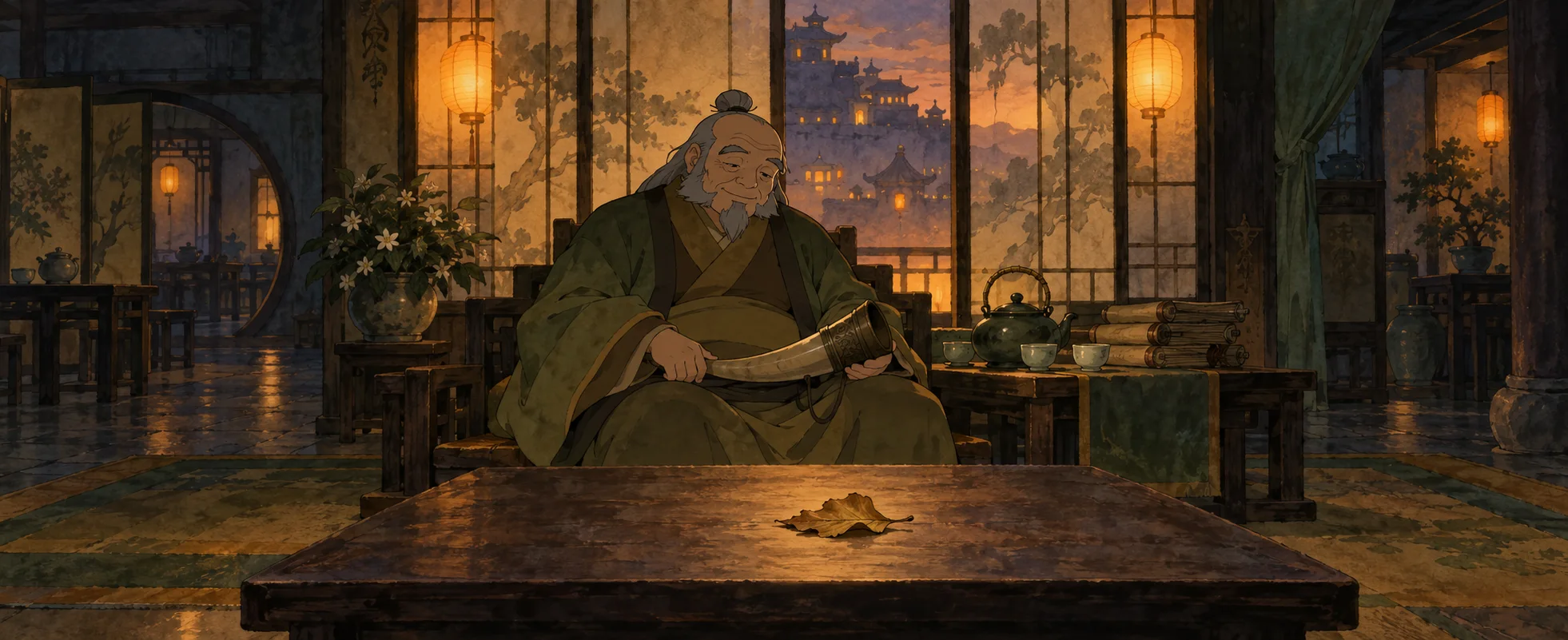 A stout old man with a grey topknot sits alone at dusk in a lantern-lit tea room, a stringed instrument across his knees and a single dry leaf on the table.