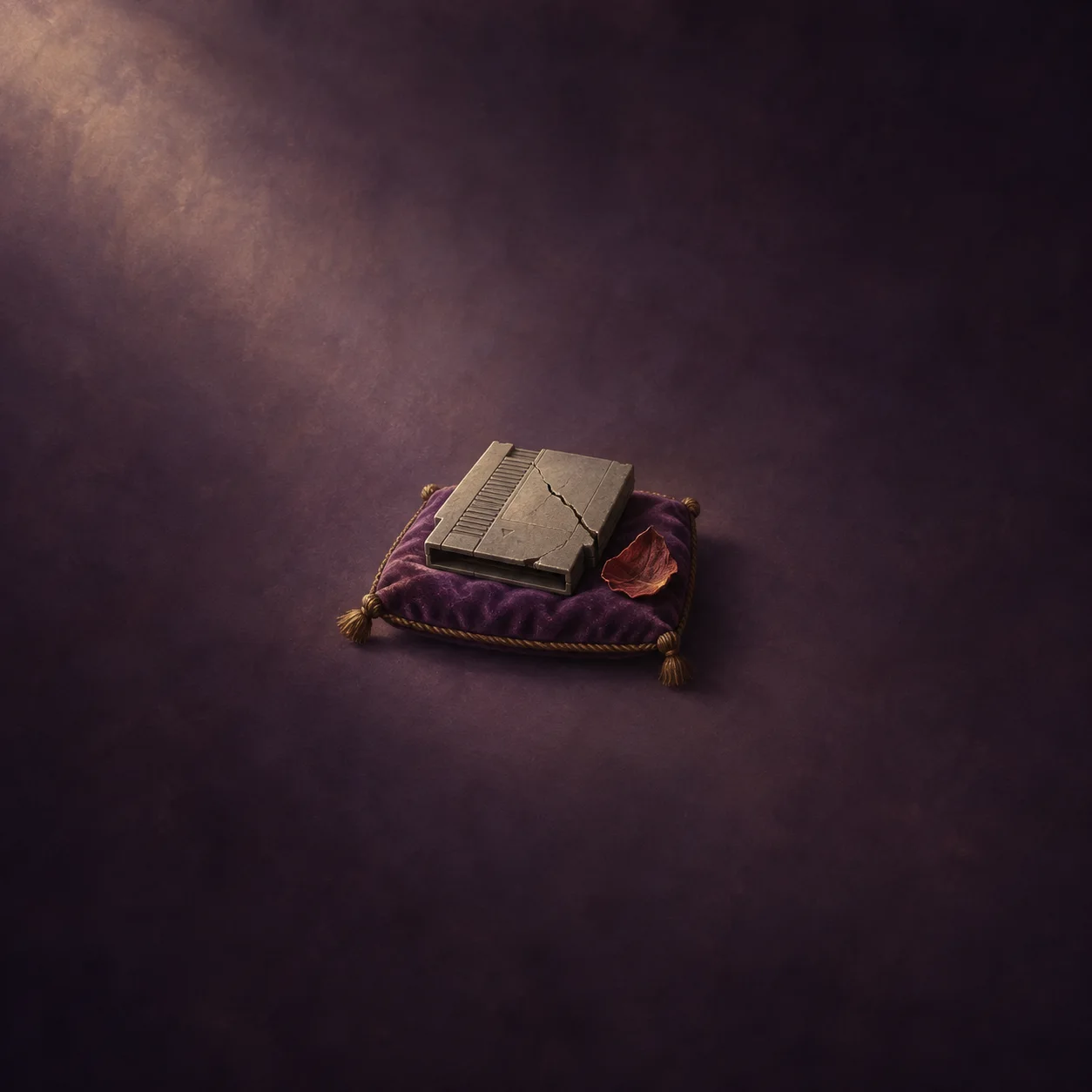 A cracked gray game cartridge rests on a purple velvet cushion beside a wilted rose petal.