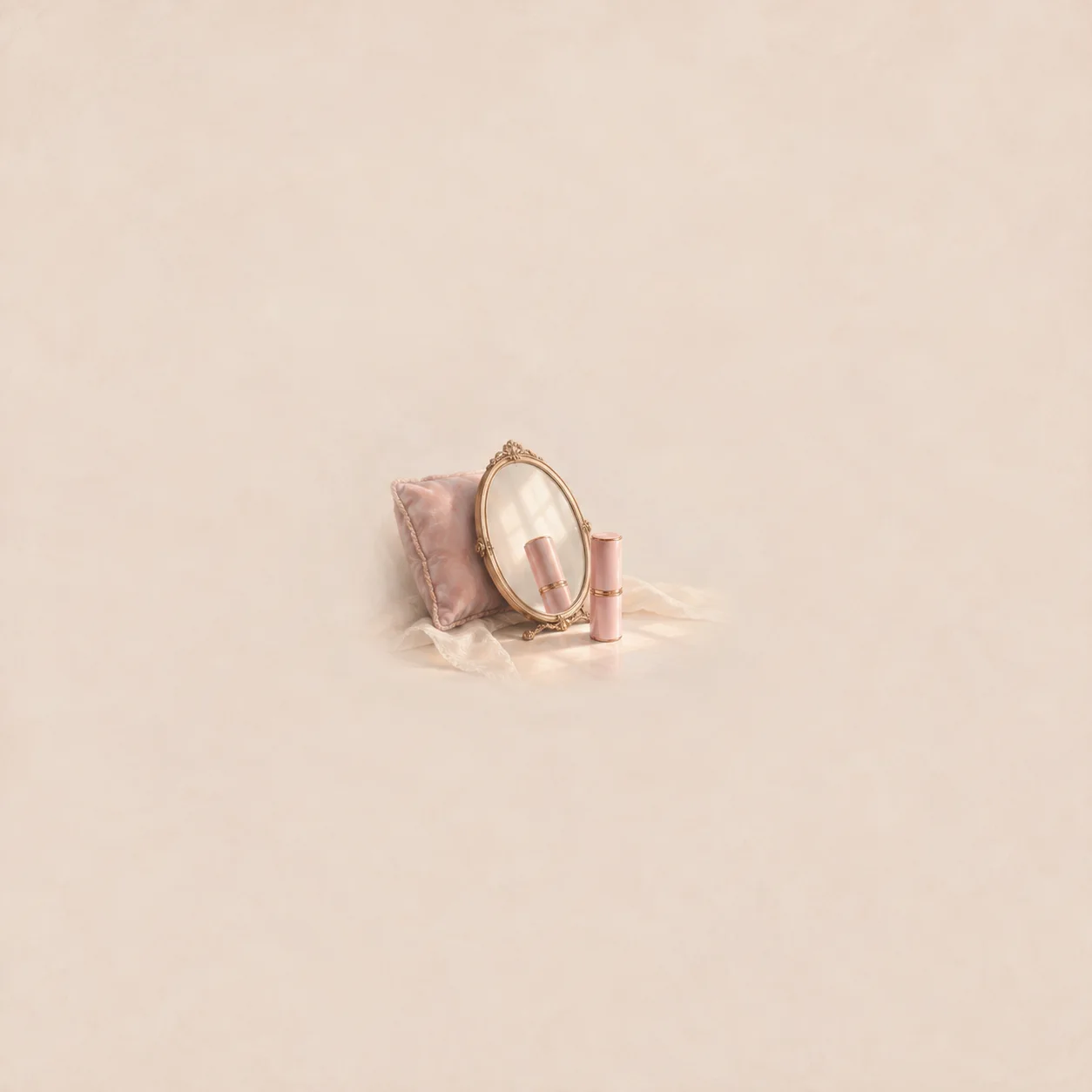 An oval mirror leans against a pink cushion beside a lipstick tube on softly folded cream fabric.