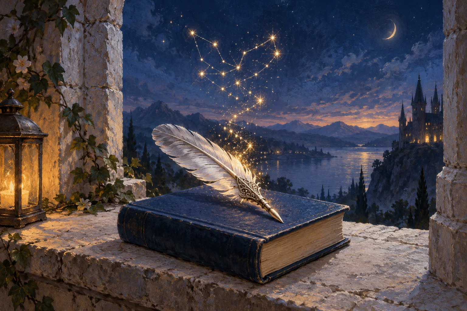 A silver feather quill rests on a blue book as golden sparks rise into a small constellation.