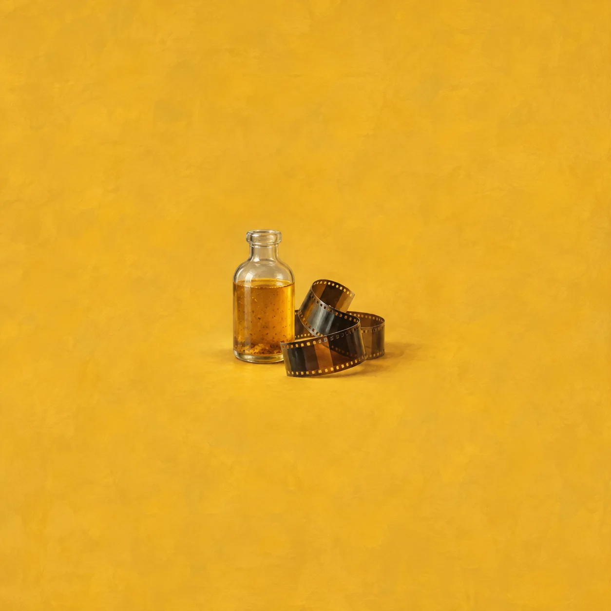 A clear bottle of amber dressing stands beside a curl of blank film against a mustard-yellow background.
