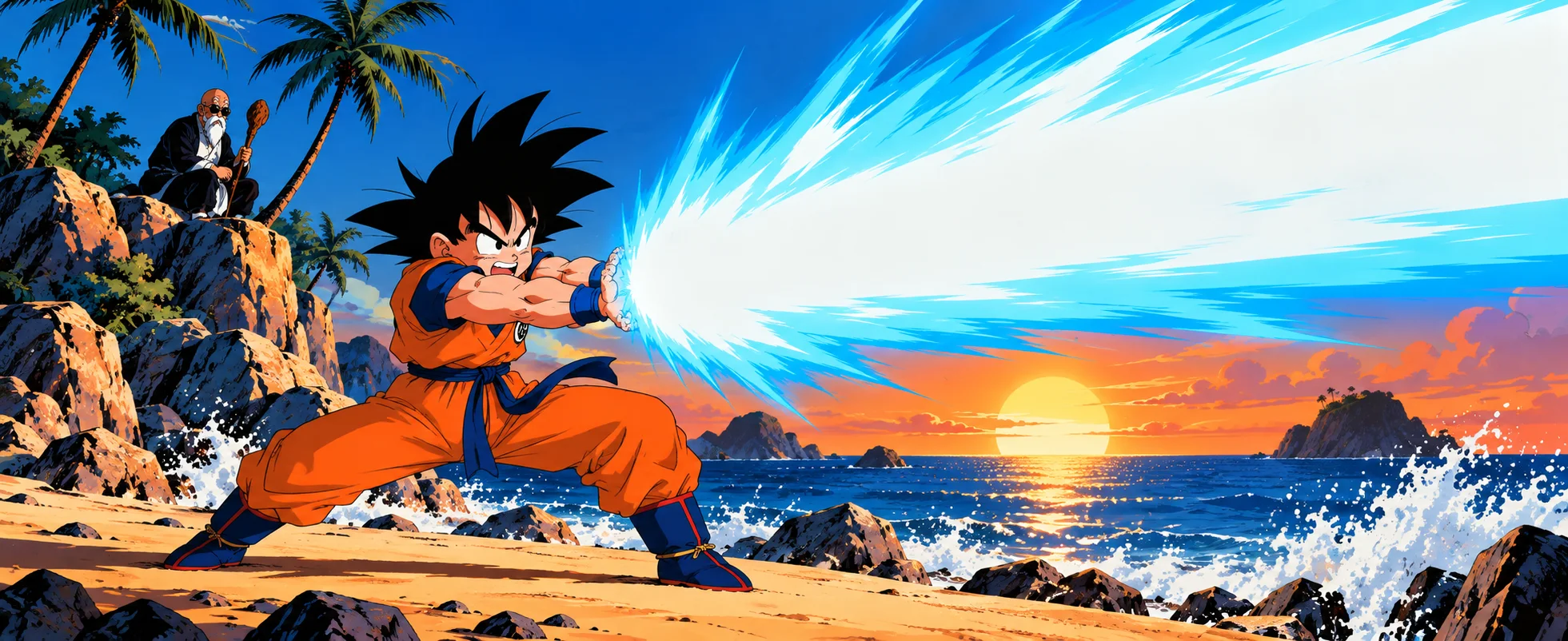 A spiky-haired boy in an orange gi fires a huge blue energy wave from cupped hands on a sunset beach as an old hermit watches from the rocks.