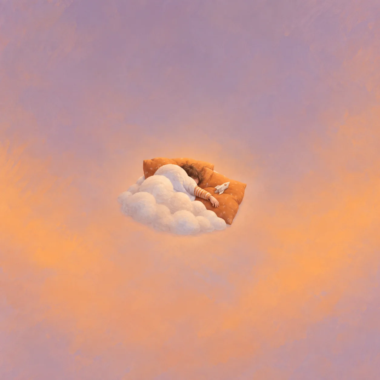 A striped sleeve emerges from a cloud-like white blanket beside a tiny paper spaceship on an orange pillow.