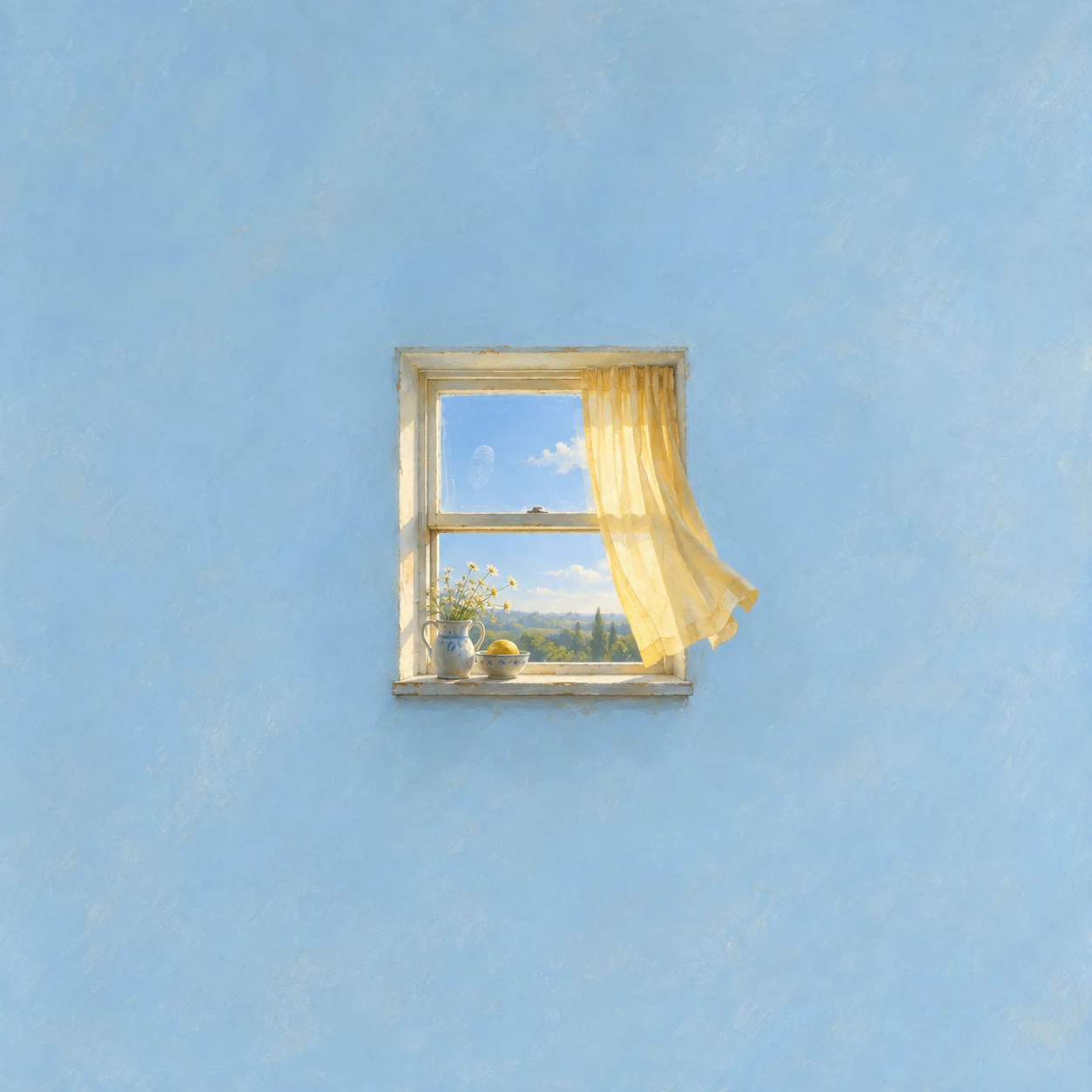 A small wooden window frame with a yellow curtain, flowers on the sill and blue sky beyond.