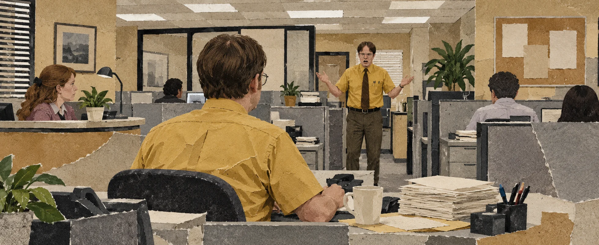 A man in a mustard short-sleeved shirt, brown tie and wire-rimmed glasses mimics a colleague dressed exactly the same in a beige office of cubicles.