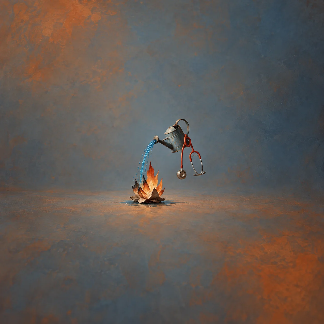 A small watering can pours blue liquid onto a paper flame, with a red stethoscope hanging from its side.