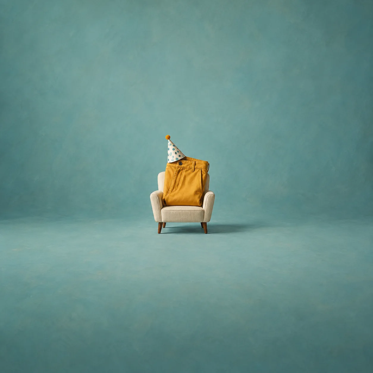 Yellow trousers drape over a cream armchair beneath a small paper party hat.