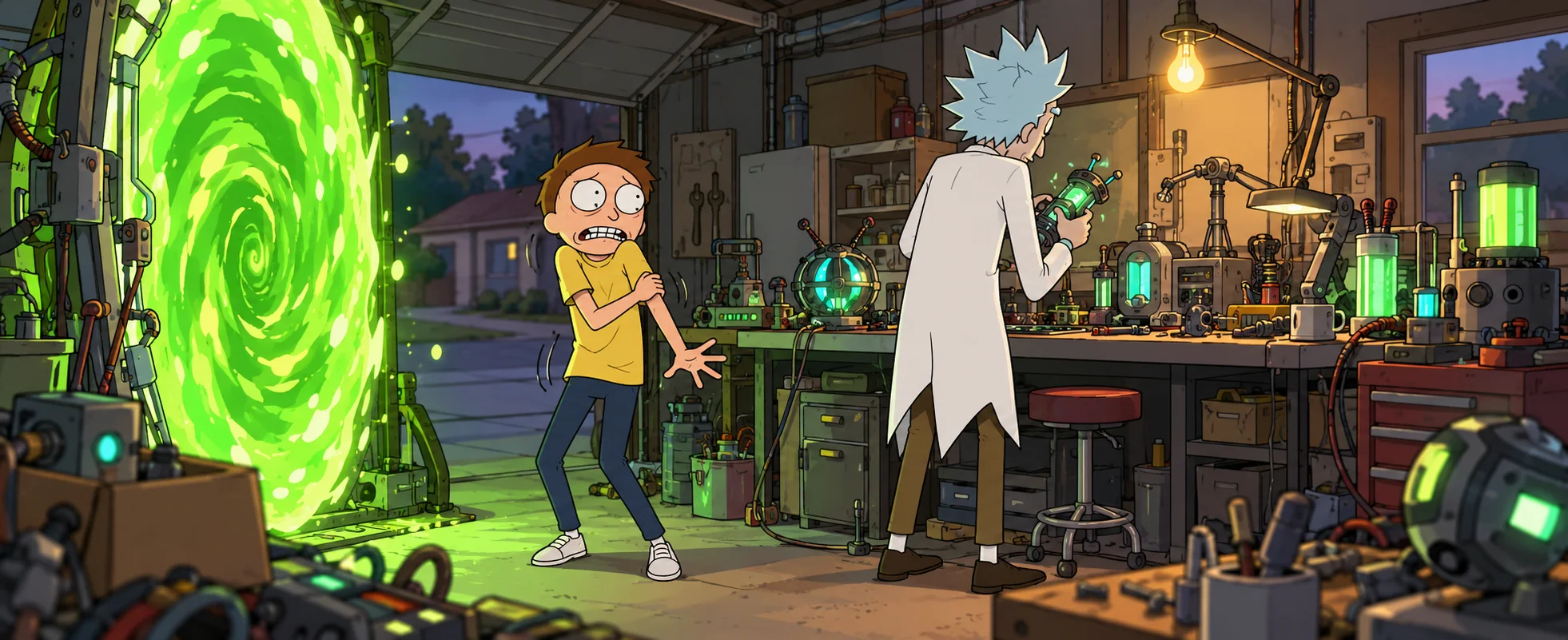 Cartoon illustration of a panicking boy in a yellow shirt beside a swirling green portal in a cluttered garage lab, while a spiky-haired scientist in a lab coat works at the bench.
