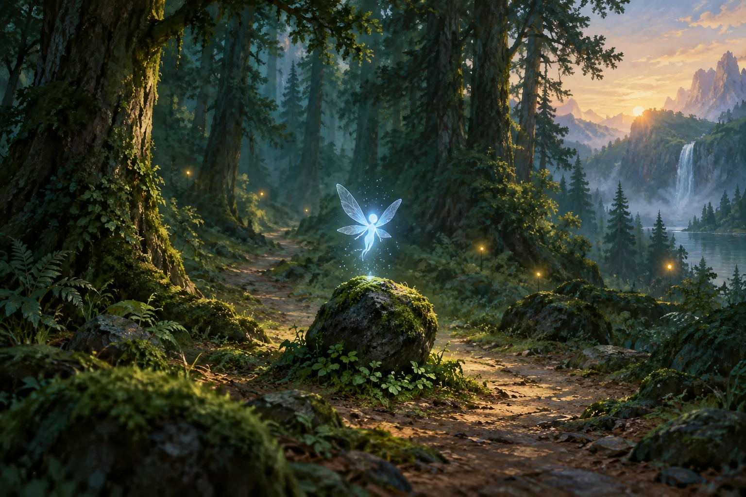 A small blue-white winged sprite hovers above a mossy stone in a green forest, with a distant lake and castle in warm light.