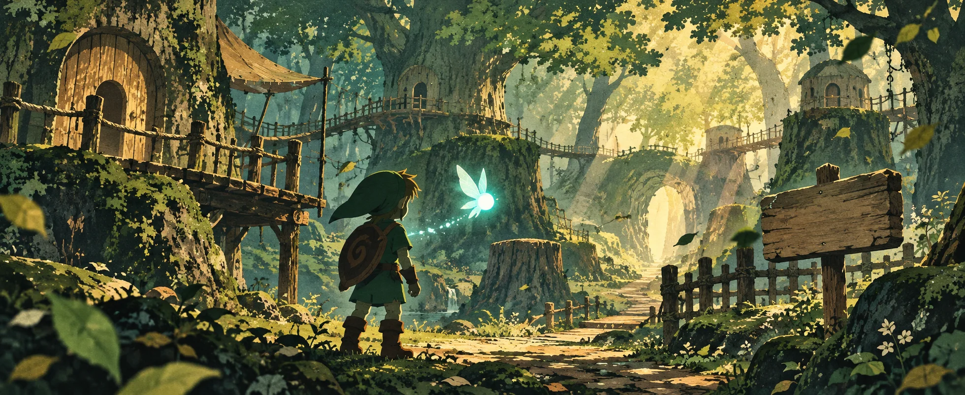 A glowing fairy hovers beside a boy in a green tunic on a mossy path through a forest village of treehouses.