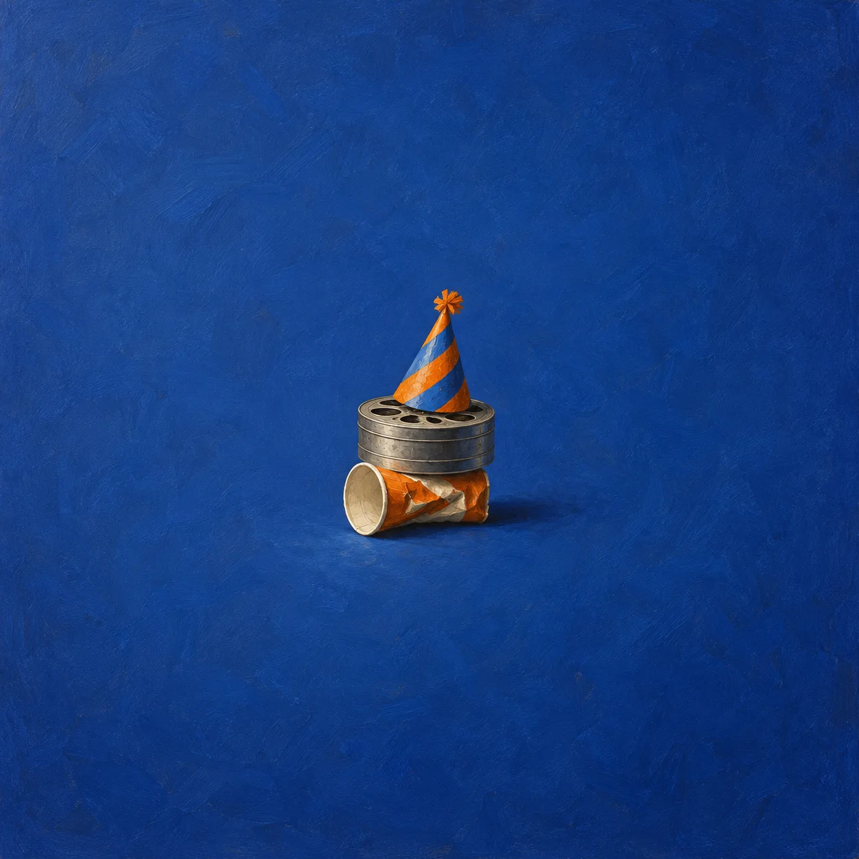 A striped party hat sits atop a metal film canister above a crushed orange paper cup.