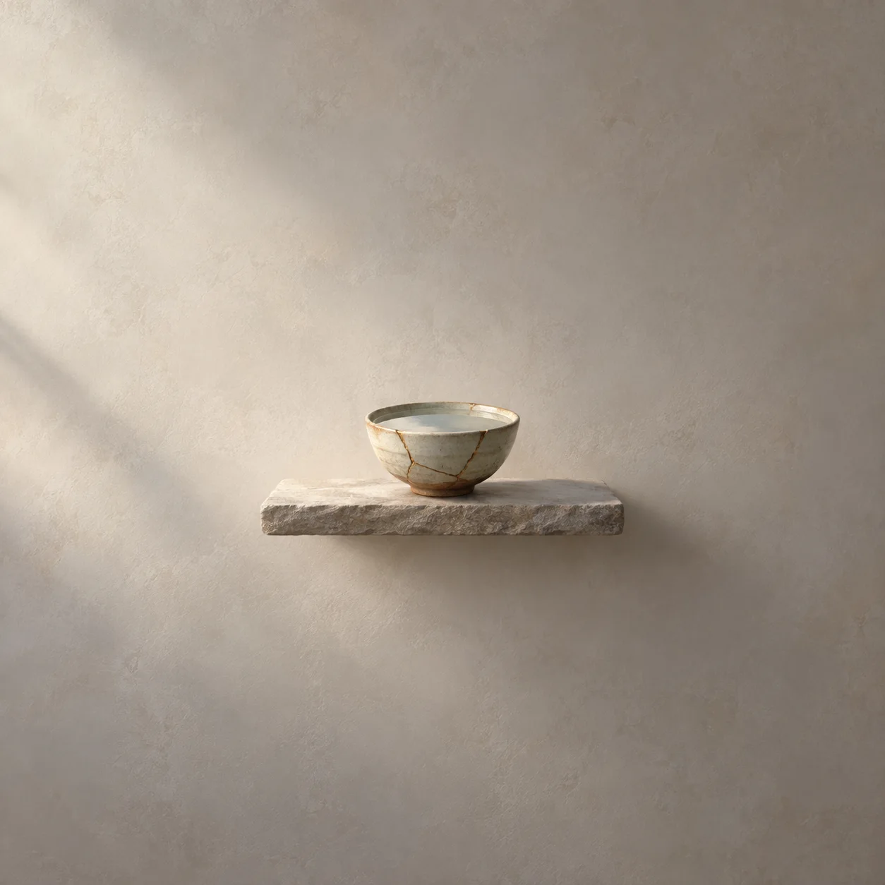 A cracked pale ceramic bowl filled with still water rests on a small stone shelf in soft light.