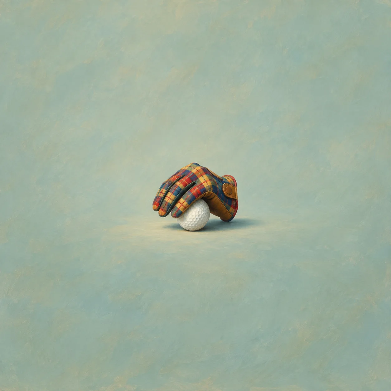 A brightly colored plaid glove rests over a white golf ball against a pale turquoise background.