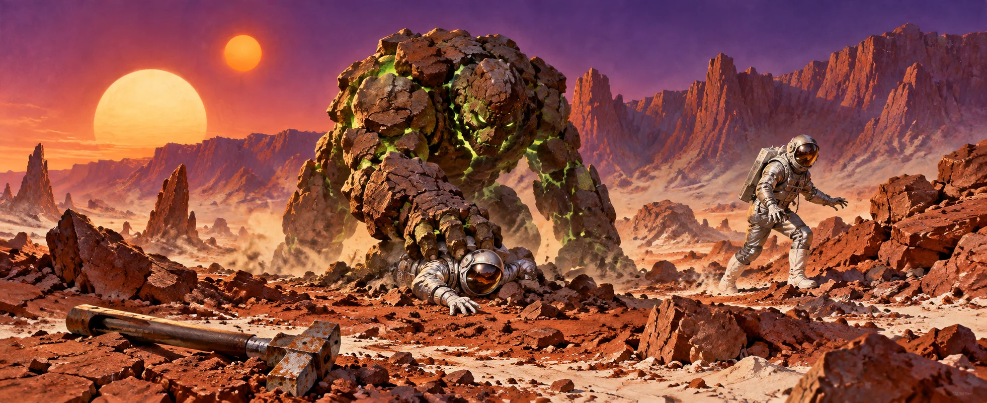 A huge rock creature looms over a downed crewman on a red alien desert under two suns as another crewman in a spacesuit approaches.