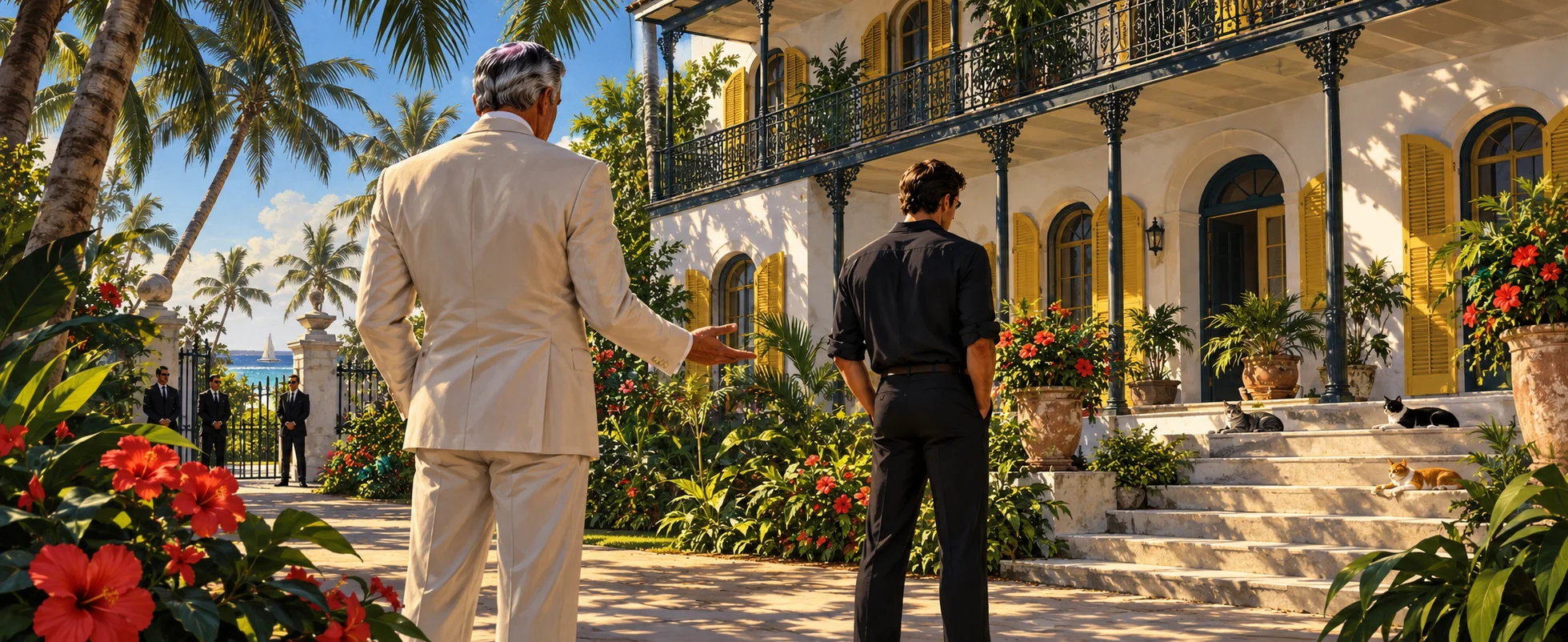 In the tropical garden of the Hemingway House in Key West, M in a pale suit holds out his hand to Bond, who stands rigid in a dark shirt, agents waiting by the gate.